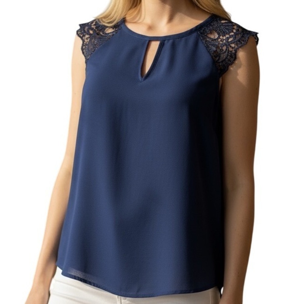 EXPRESS‎ Navy Crochet Flutter Sleeve Top O'Ring Tie Open  Back NWOT  Small